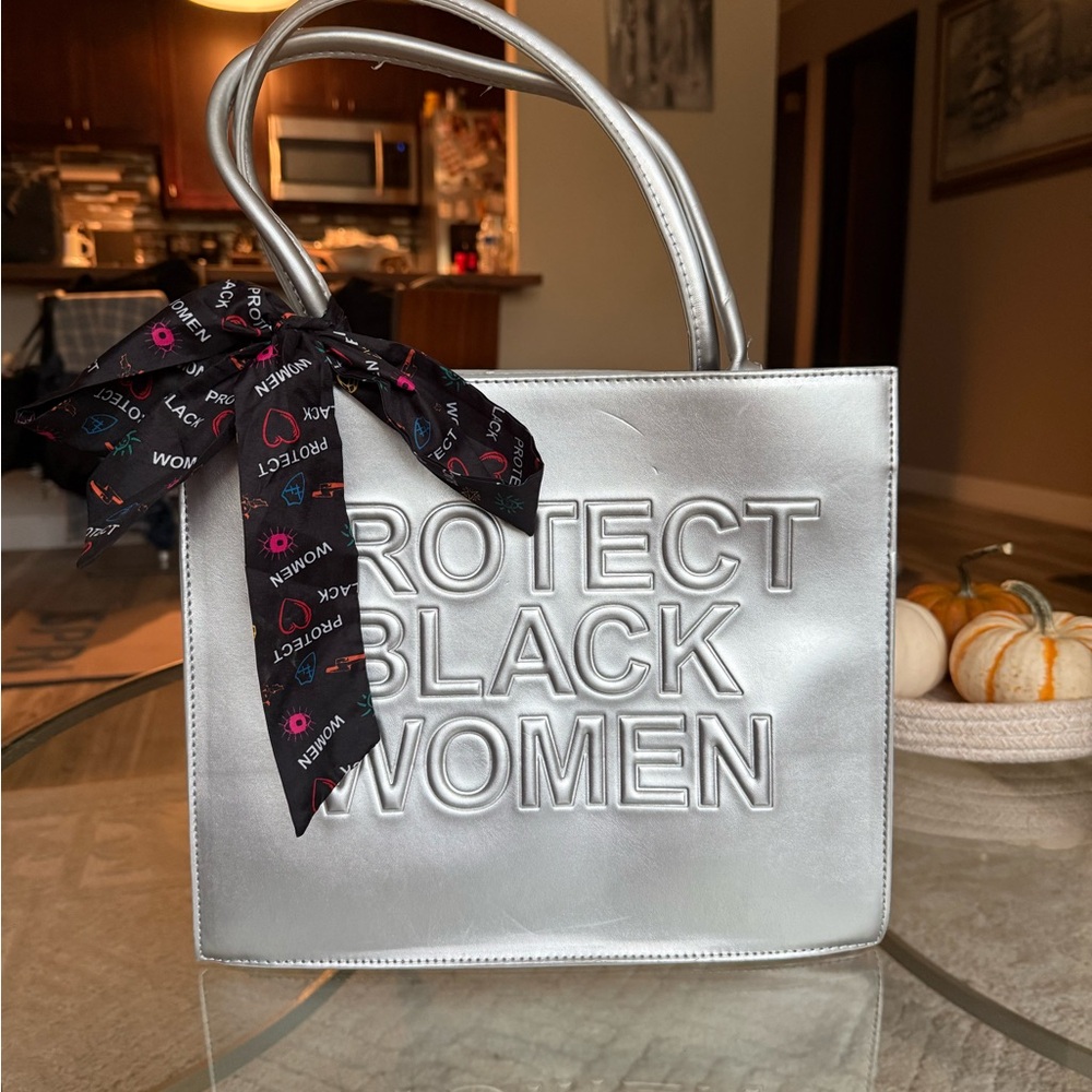 Statement Silver Tote Bag with Embossed "Protect Black Women"